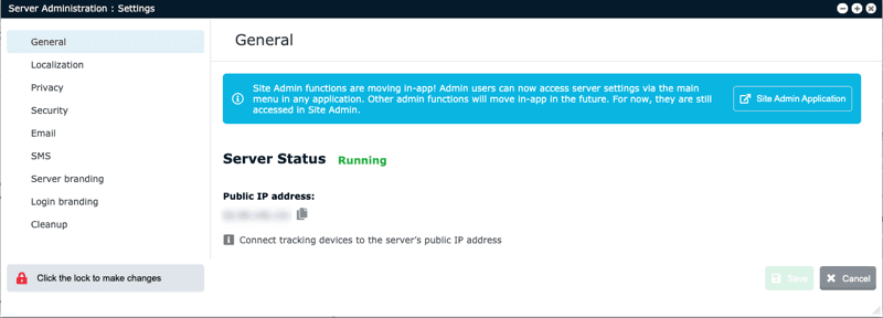 Server administration in GpsGate application
