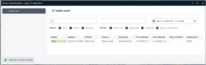GpsGate server administration logs - emails sent