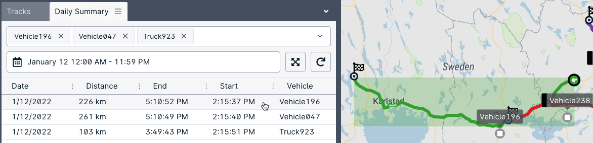 A vehicle track's bounds shown on a map in GpsGate